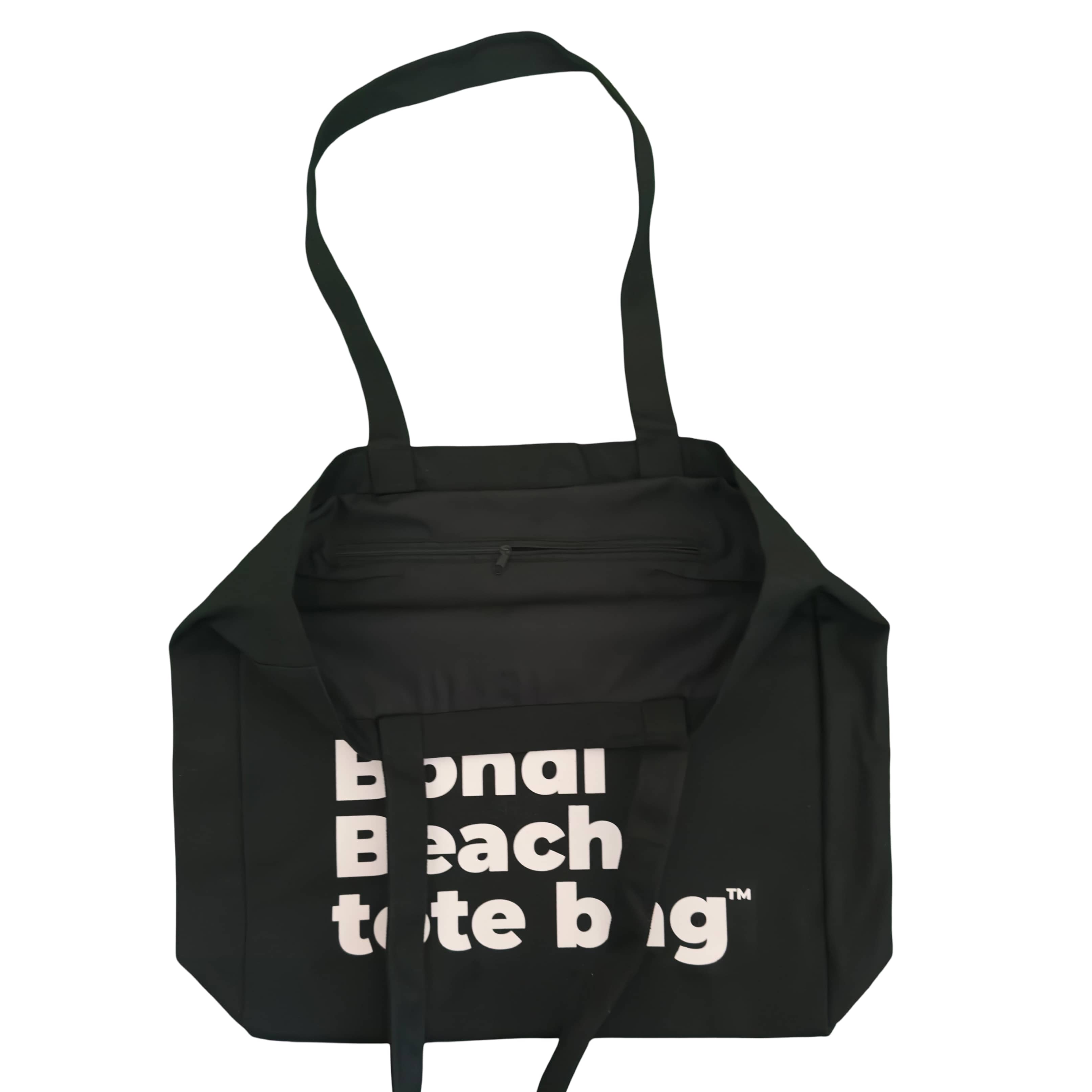 Black tote bag with 'Beach tote bag' text on a white background