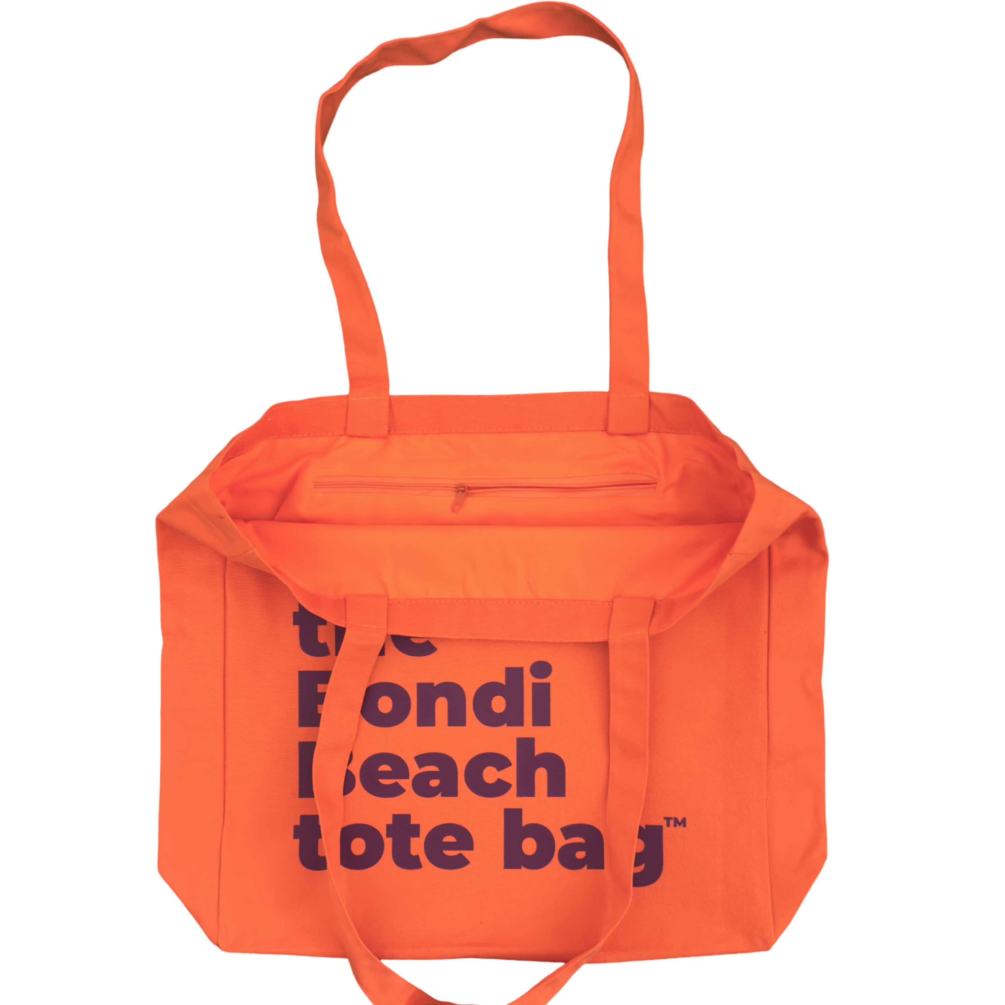 Orange tote bag with purple text on a white background