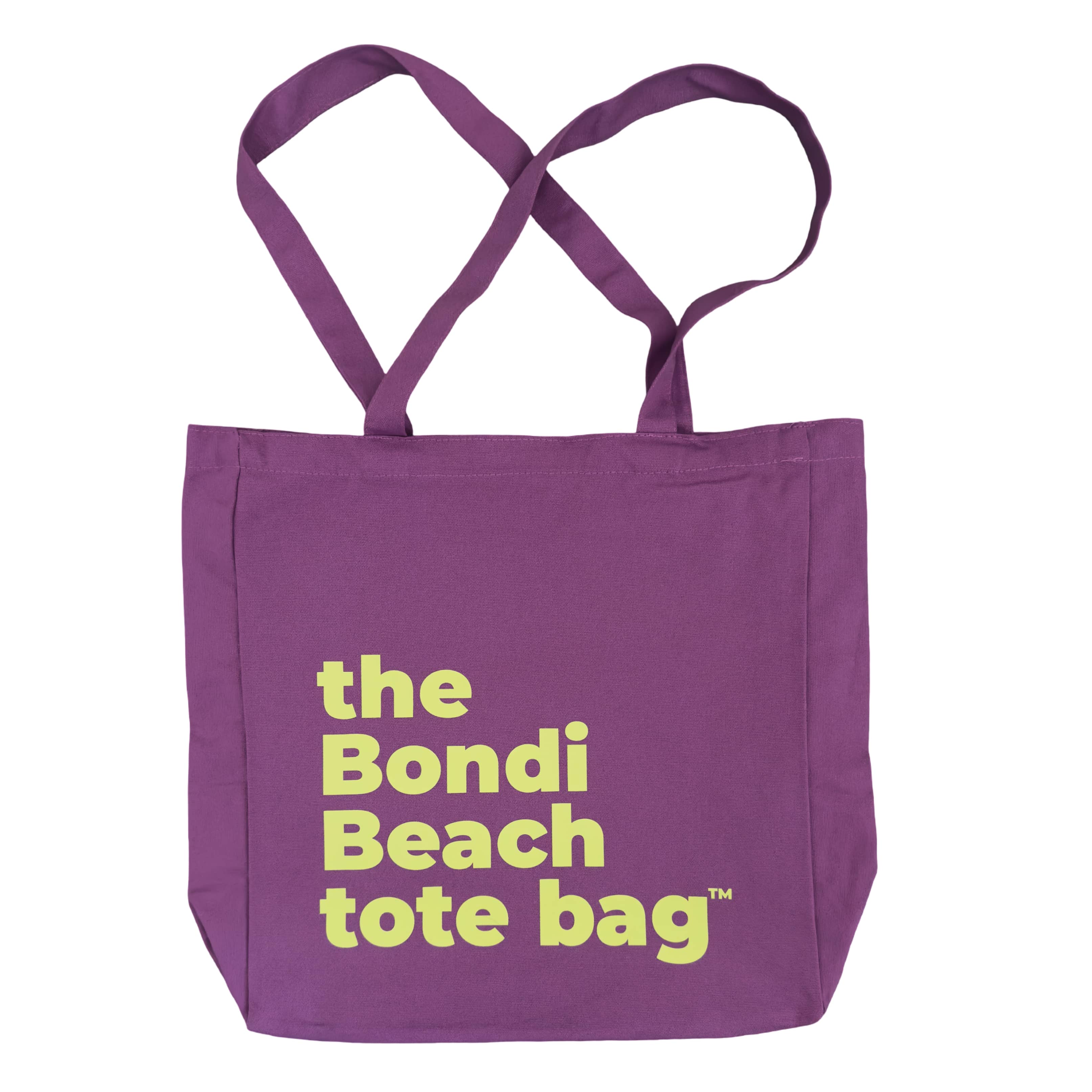 Purple tote bag with 'the Bondi Beach tote bag' text in fluro green
