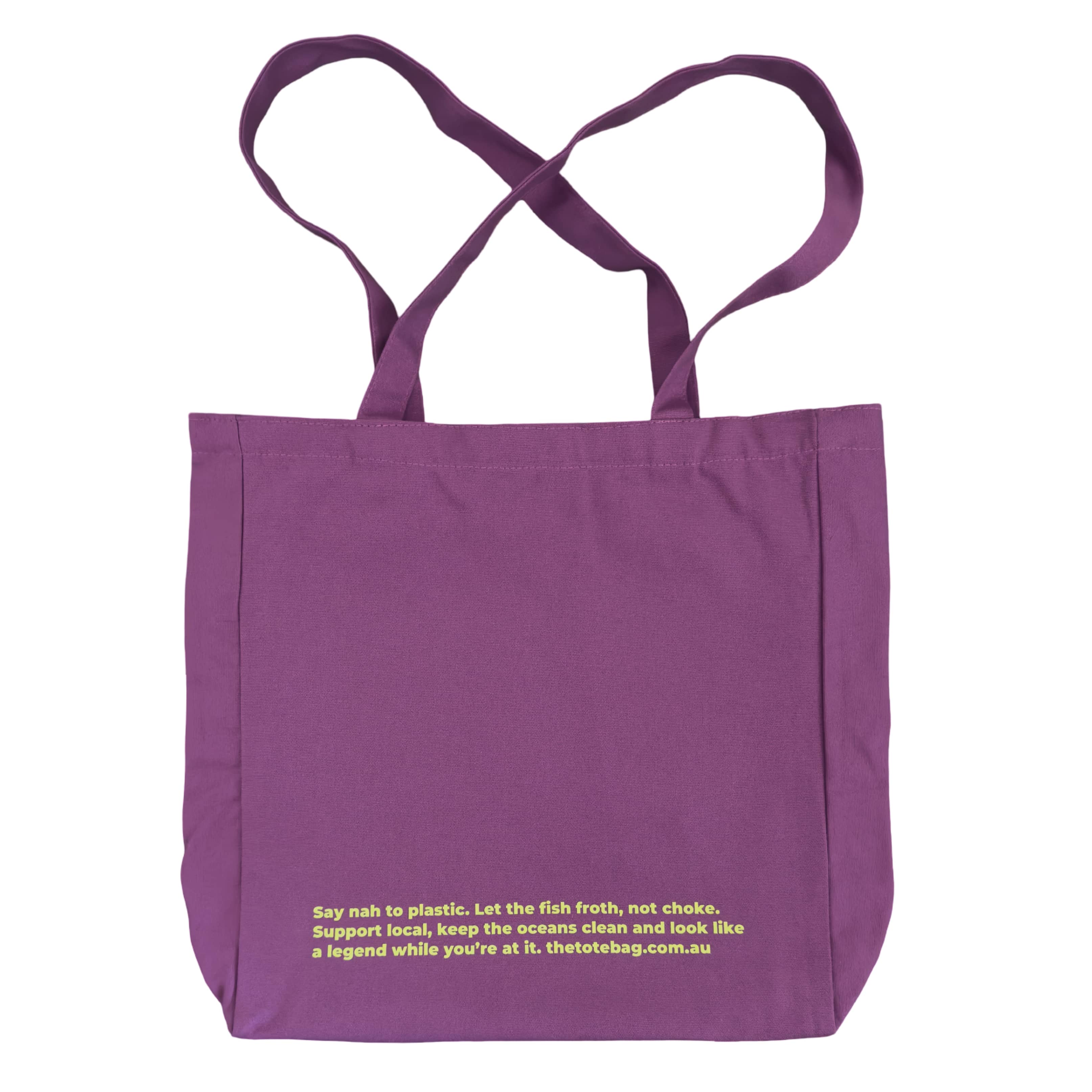 Purple tote bag with fluro green text on a white background