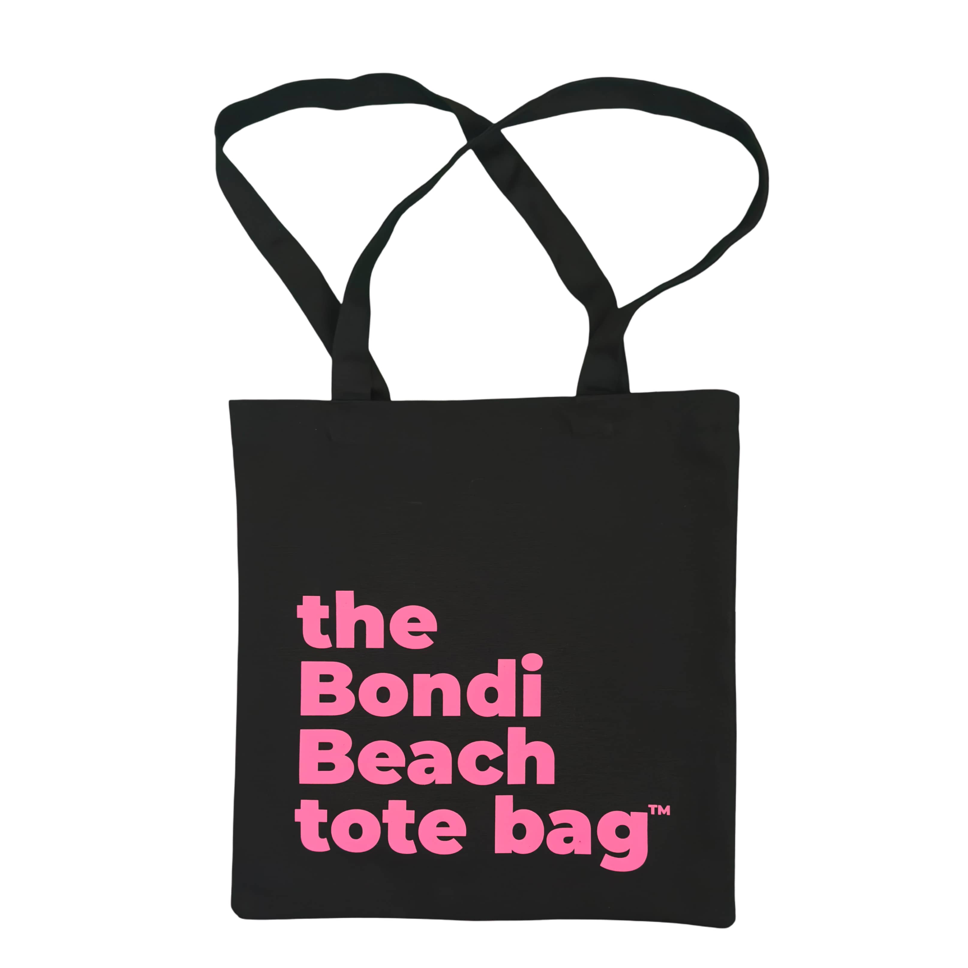 Black tote bag with pink text 'the Bondi Beach tote bag' on a white background
