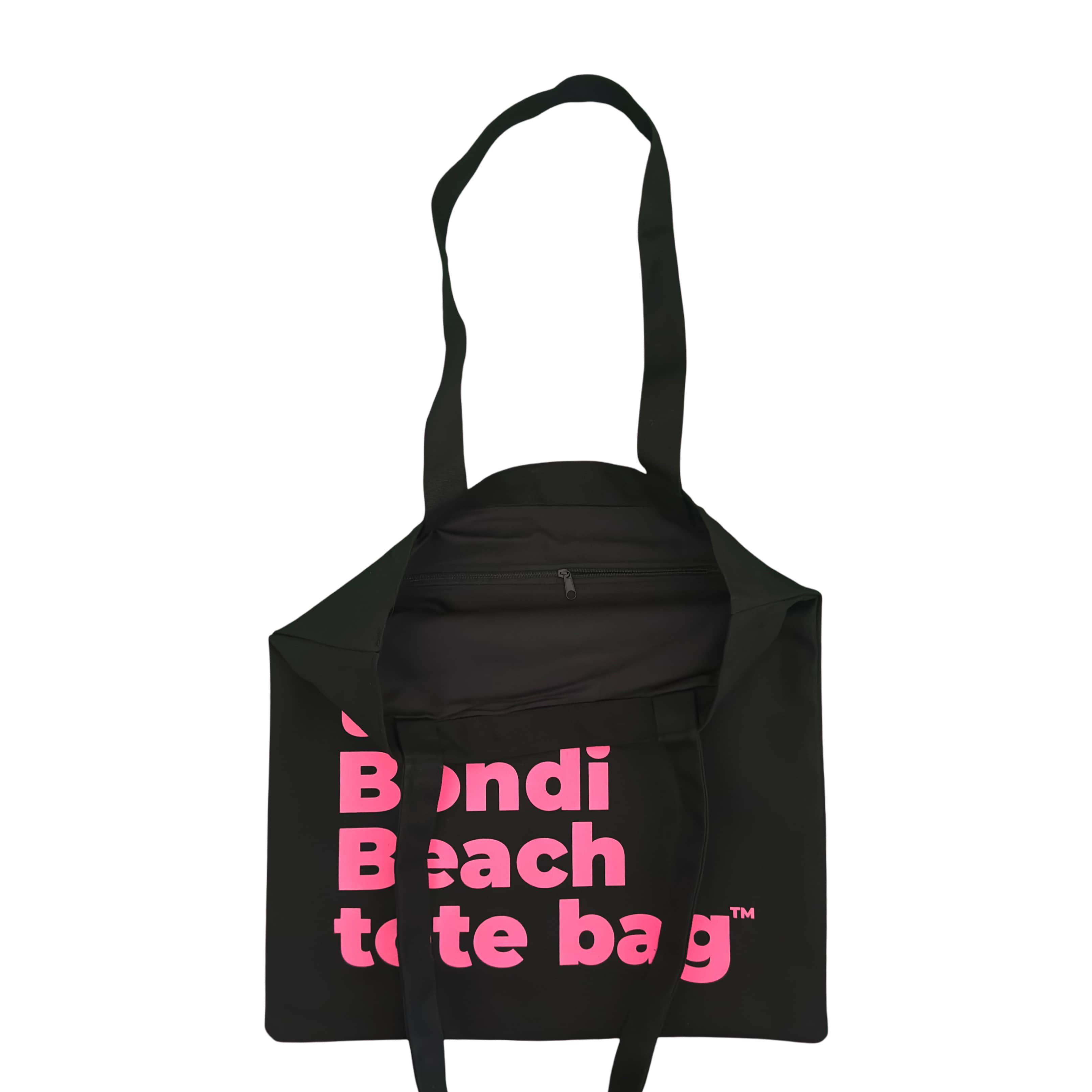 Black tote bag with pink text on a white background