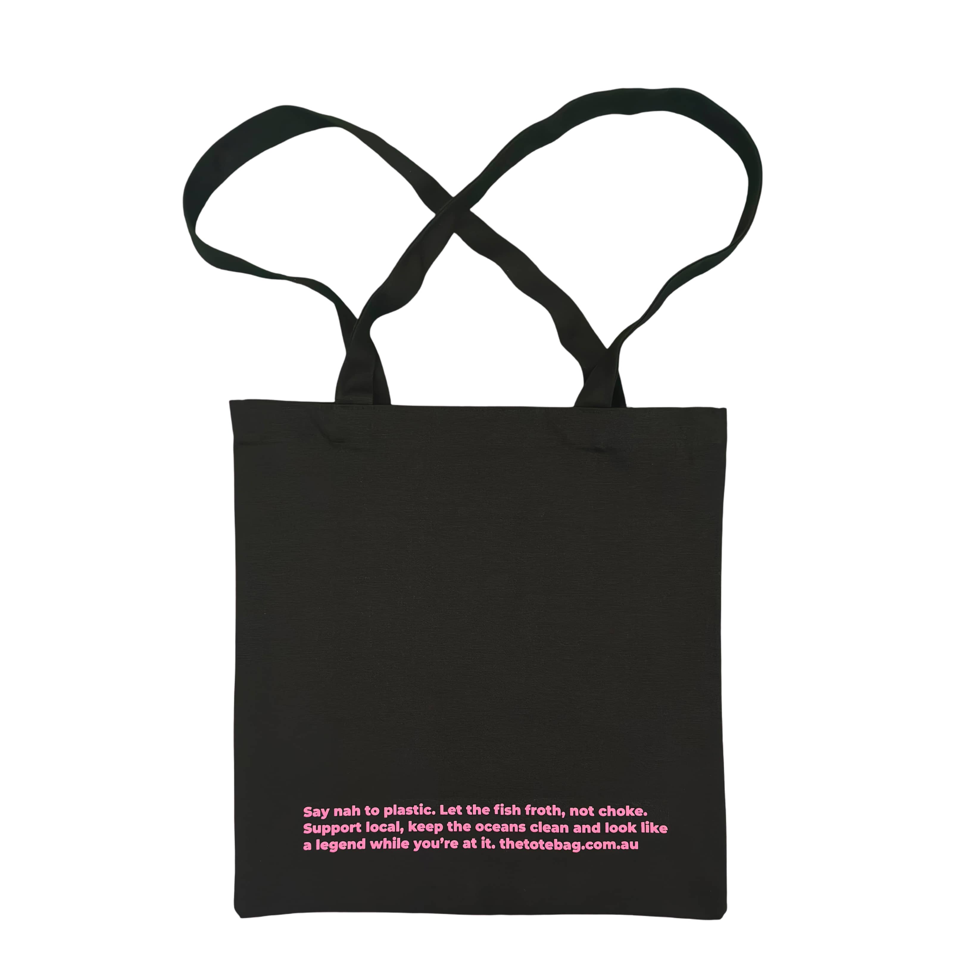 Black tote bag with pink text on a white background